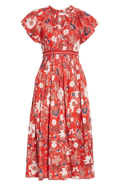 Shop Ulla Johnson Lottie Floral Print Midi Dress In Scarlet