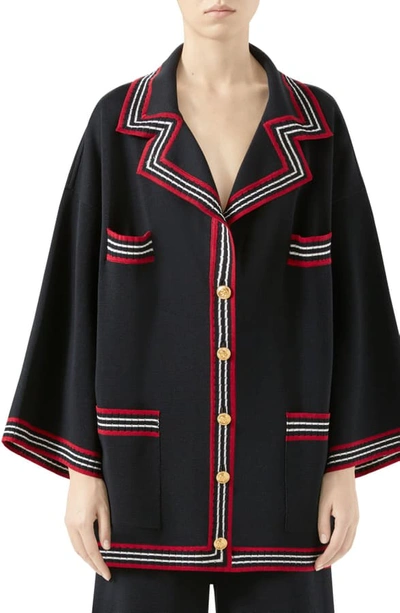 Shop Gucci Stripe Trim Knit Caban Jacket In Black/ Red/ Ivory