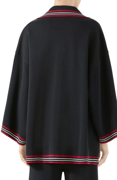 Shop Gucci Stripe Trim Knit Caban Jacket In Black/ Red/ Ivory