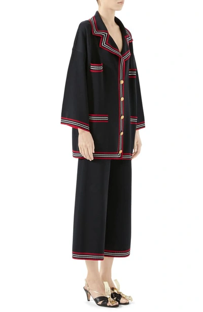 Shop Gucci Stripe Trim Knit Caban Jacket In Black/ Red/ Ivory