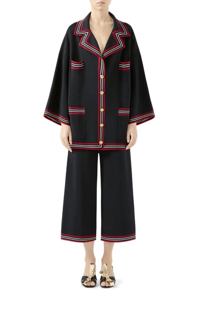 Shop Gucci Stripe Trim Knit Caban Jacket In Black/ Red/ Ivory