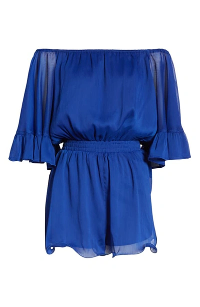 Shop Endless Rose Off The Shoulder Ruffle Sleeve Romper In Blue
