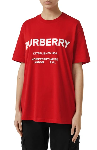 Shop Burberry Hustley Horseferry Print Cotton Tee In Bright Red