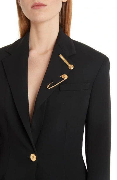 Shop Versace Safety Pin Detail Stretch Wool Blazer In Black