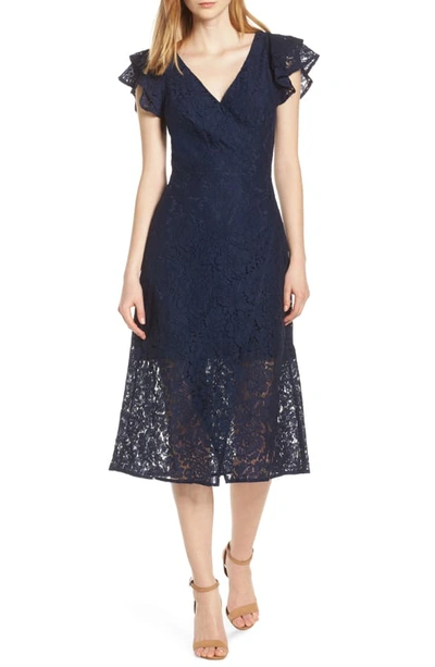 Shop Ali & Jay Ruffle Sleeve Wrap Lace Midi Dress In Navy