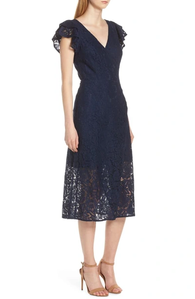 Shop Ali & Jay Ruffle Sleeve Wrap Lace Midi Dress In Navy