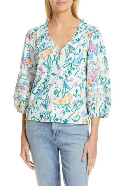Shop Tanya Taylor Goa Floral Pintuck Detail Cotton Blouse In Scrolly Floral White