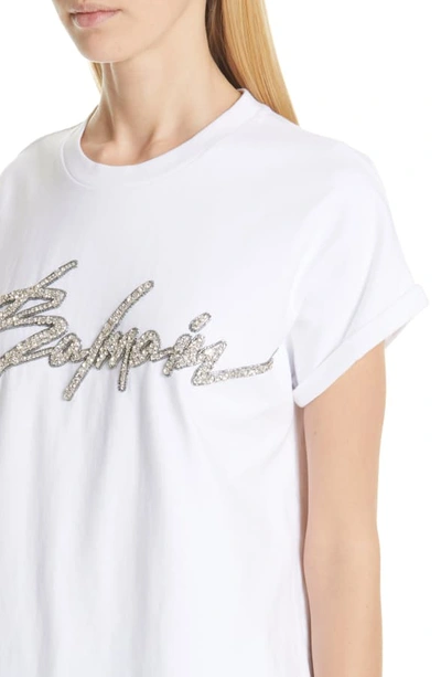 Shop Balmain Signature Logo Embellished Tee In Blanc/ Argent