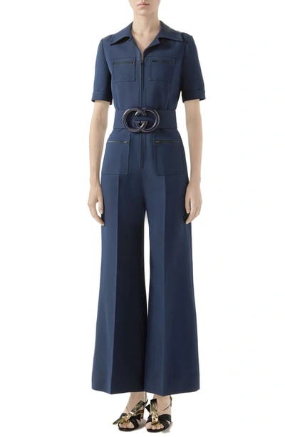 Shop Gucci Belted Wide Leg Cady Crepe Jumpsuit In Blue Royal