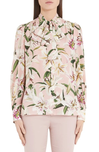 Shop Dolce & Gabbana Lily Print Bow Neck Blouse In Pink Lily