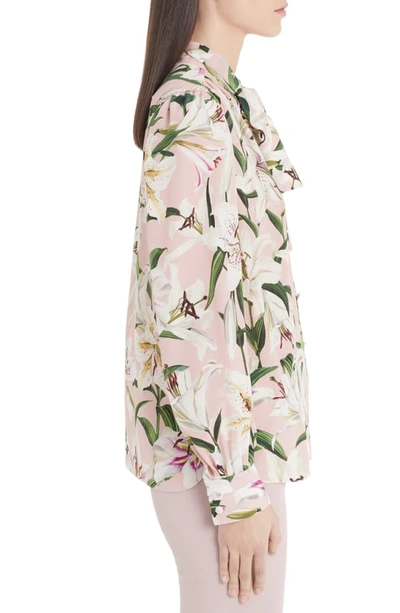 Shop Dolce & Gabbana Lily Print Bow Neck Blouse In Pink Lily