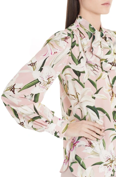 Shop Dolce & Gabbana Lily Print Bow Neck Blouse In Pink Lily