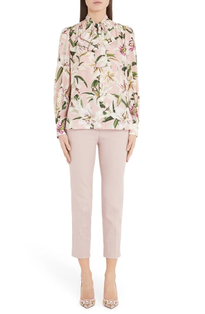 Shop Dolce & Gabbana Lily Print Bow Neck Blouse In Pink Lily