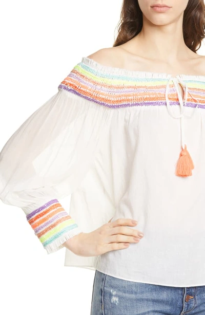 Shop Alice And Olivia Sharyl Rainbow Stripe Off The Shoulder Peasant Blouse In Off White/ Multi