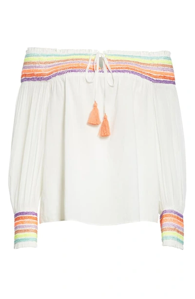 Shop Alice And Olivia Sharyl Rainbow Stripe Off The Shoulder Peasant Blouse In Off White/ Multi