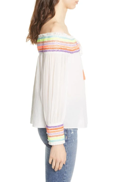 Shop Alice And Olivia Sharyl Rainbow Stripe Off The Shoulder Peasant Blouse In Off White/ Multi