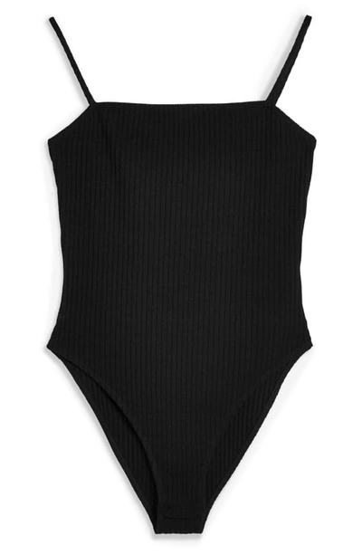 Topshop Ribbed Square Neck Bodysuit In Black
