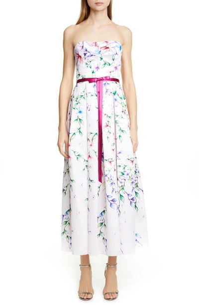 Shop Marchesa Notte Strapless Floral Tea Length Dress In Blush