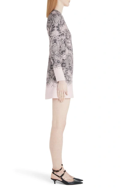 Shop Valentino Lace Print Long Sleeve Crepe Minidress In R1n-pink/ Black