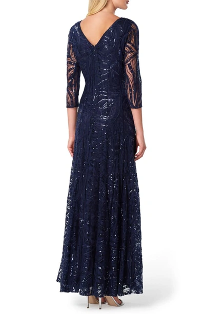 Shop Tahari Sequin Embroidered A-line Gown In Navy
