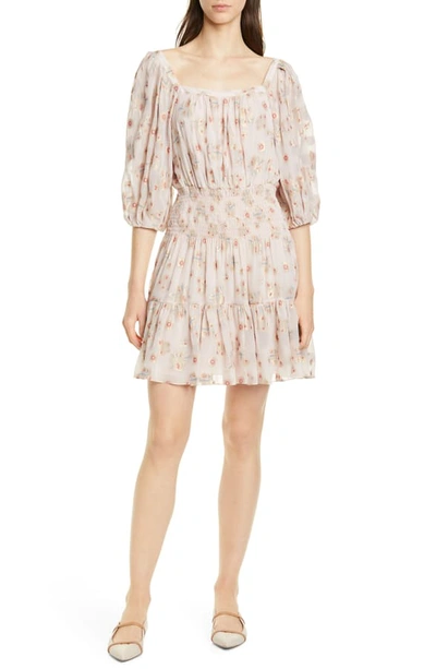 Shop Rebecca Taylor Leander Metallic Floral Silk Blend Dress In Pale Pink Combo