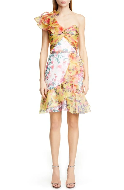 Shop Marchesa Notte Floral Print One-shoulder Cocktail Dress In Ivory