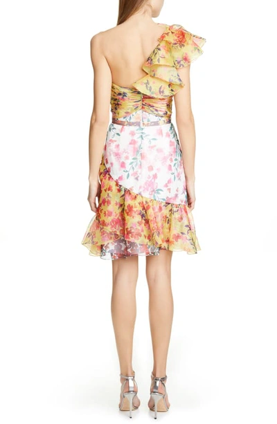 Shop Marchesa Notte Floral Print One-shoulder Cocktail Dress In Ivory