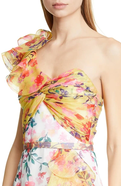 Shop Marchesa Notte Floral Print One-shoulder Cocktail Dress In Ivory