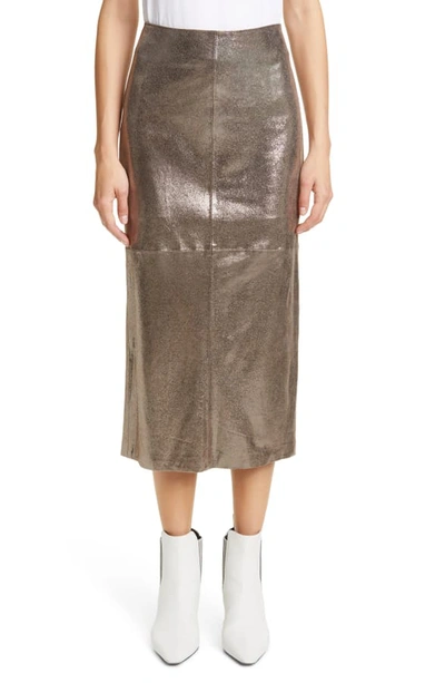 Shop Brunello Cucinelli Sparkle Leather Midi Pencil Skirt In Silver