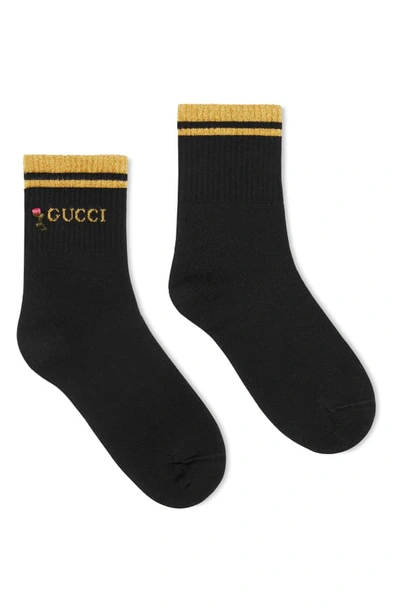 Shop Gucci Metallic Logo Crew Socks In Black/ Yellow