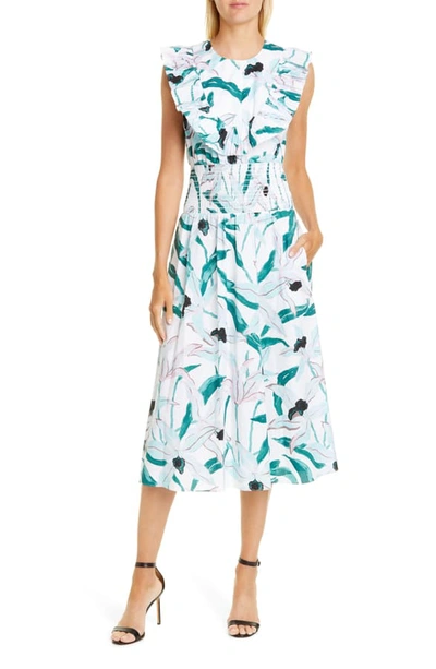 Shop Tory Burch Floral Print Smocked Midi Dress In Ivory Desert Bloom