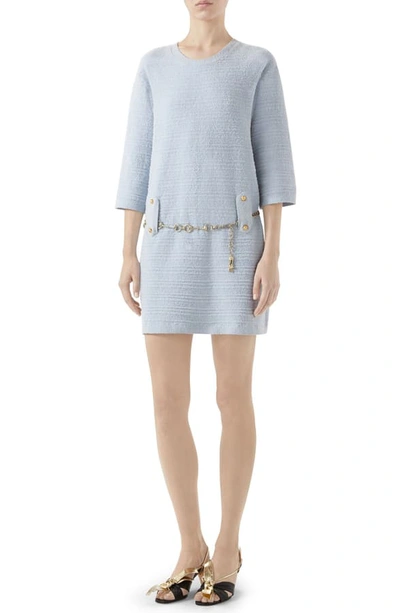 Shop Gucci Belted Cotton Blend Sweater Dress In Heavenly