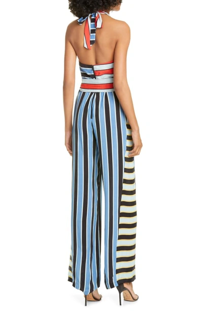 Shop Alice And Olivia Stripe Block Halter Neck Jumpsuit In Double Pinstripe Riviera Combo