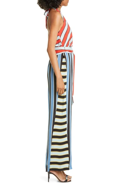 Shop Alice And Olivia Stripe Block Halter Neck Jumpsuit In Double Pinstripe Riviera Combo