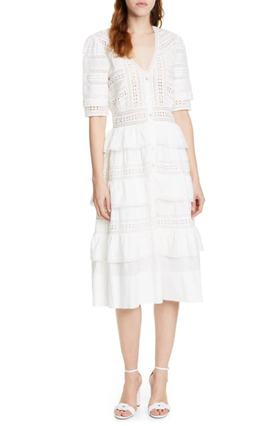 Shop Loveshackfancy Rebecca Tiered Cotton Eyelet Midi Dress In Antique White