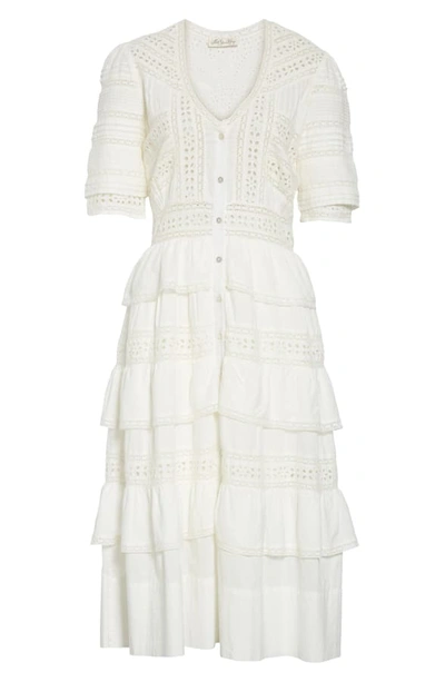 Shop Loveshackfancy Rebecca Tiered Cotton Eyelet Midi Dress In Antique White
