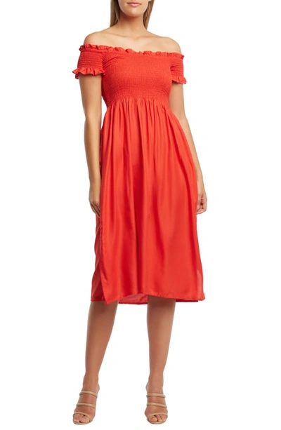 Shop Bardot Cindy Off The Shoulder Dress In Poppy Red