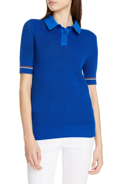 Shop Tory Burch Cotton Polo Sweater In Bondi Blue