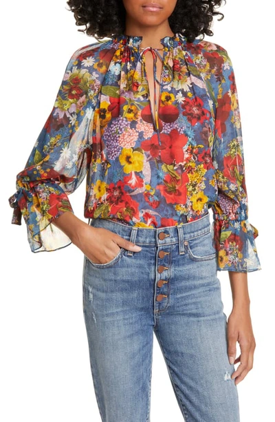 Shop Alice And Olivia Julius Floral Print Raglan Sleeve Blouson Tunic In Colorful Blossom Riviera