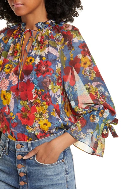 Shop Alice And Olivia Julius Floral Print Raglan Sleeve Blouson Tunic In Colorful Blossom Riviera