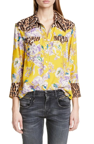 Shop R13 Exaggerated Collar Mixed Print Cowboy Shirt In Mustard Floral With Leopard