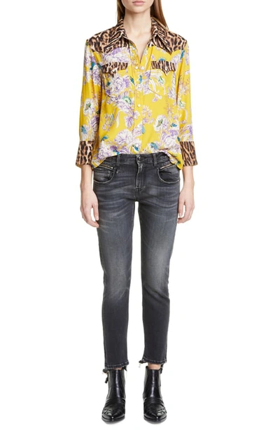 Shop R13 Exaggerated Collar Mixed Print Cowboy Shirt In Mustard Floral With Leopard