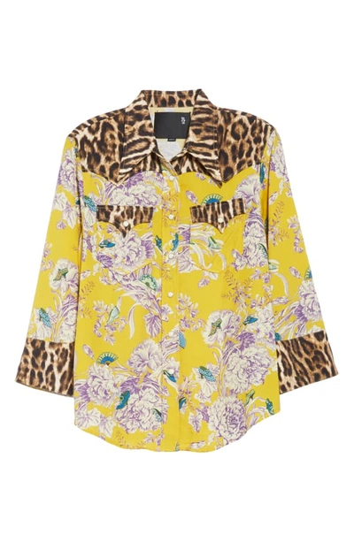 Shop R13 Exaggerated Collar Mixed Print Cowboy Shirt In Mustard Floral With Leopard