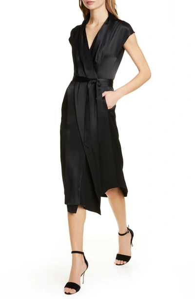 Shop Frame Ibiza Silk Satin Midi Wrap Dress In Noir