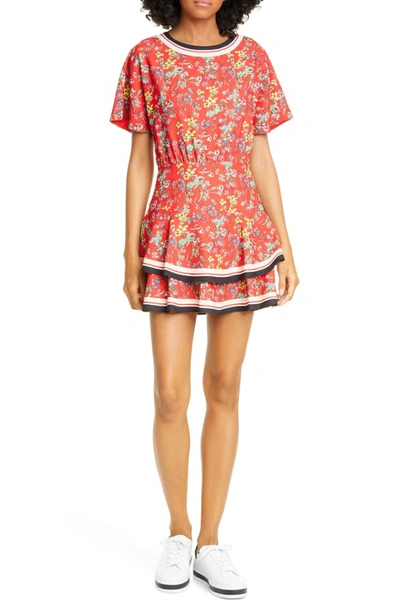 Shop Alice And Olivia Palmira Floral Tie Back Tiered Ruffle Dress In Freesia Blossom Bt Poppy/ Mt