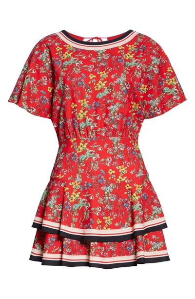 Shop Alice And Olivia Palmira Floral Tie Back Tiered Ruffle Dress In Freesia Blossom Bt Poppy/ Mt