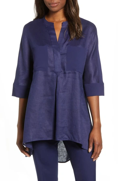 Shop Anne Klein Asymmetrical Hem Linen Tunic Top In Eclipse
