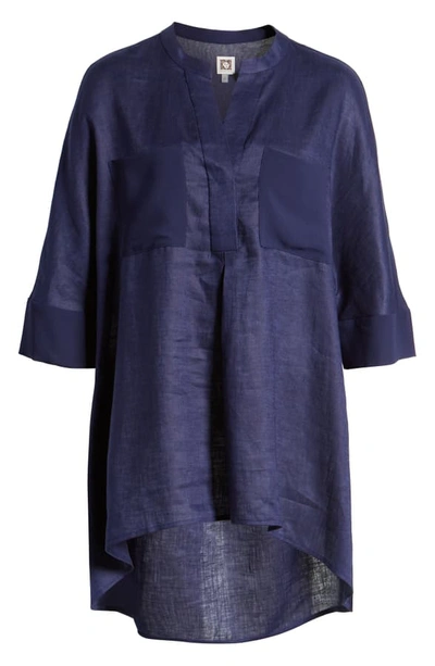 Shop Anne Klein Asymmetrical Hem Linen Tunic Top In Eclipse