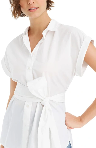 Shop Jcrew Button Front Tie Waist Cotton Poplin Top In White