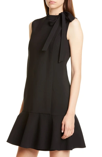 Shop Valentino Tie Neck Ruffle Hem Wool Blend Minidress In Black
